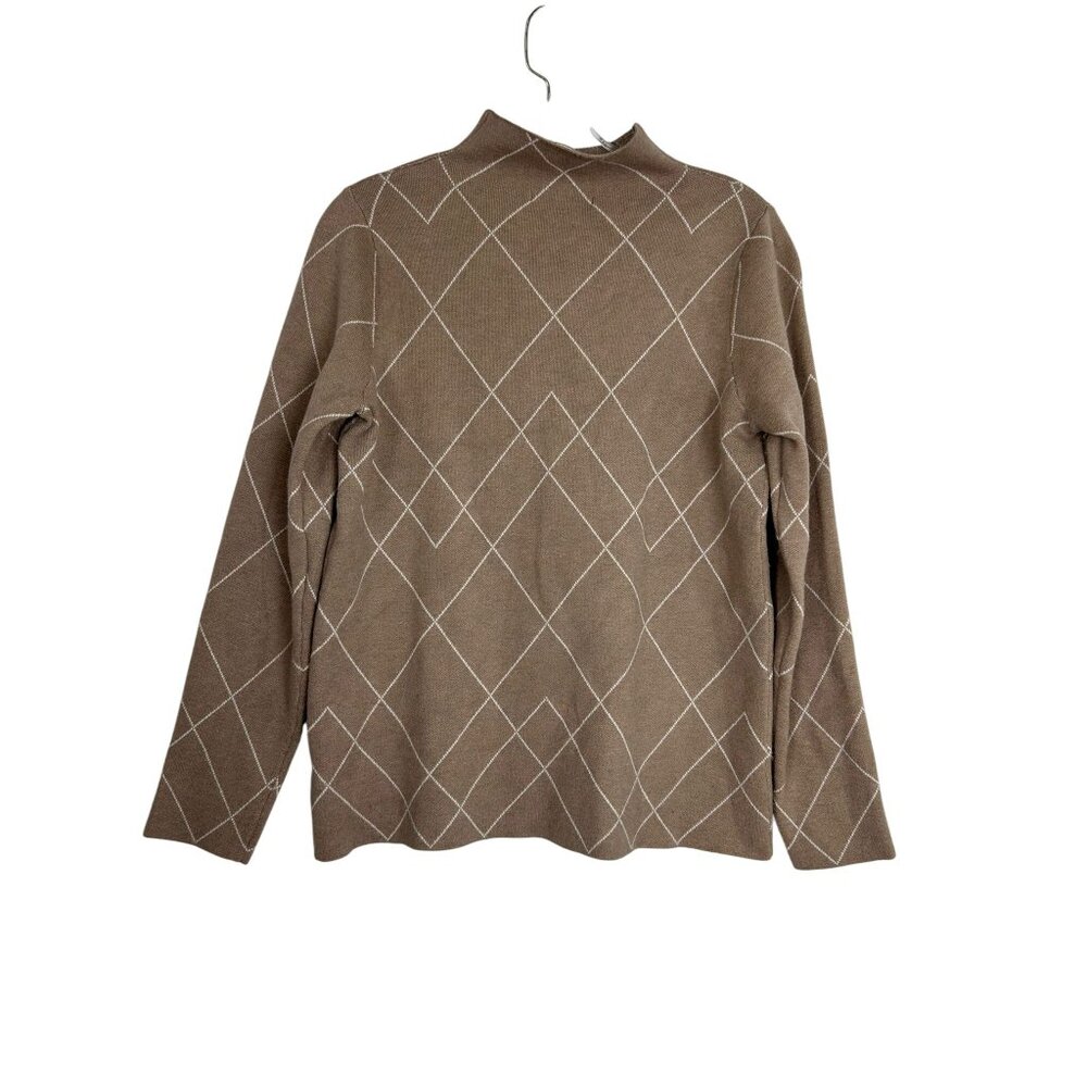 Tahari Womens Tan Geometric Sweater W/Mock Neck Long Sleeves